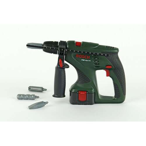 Bosch cordless hammer drill toy for kids, green and red, with 4 drill bits