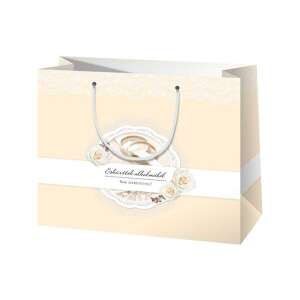 Geantă cadou de nuntă crem cu dantelă albă și trandafiri, 18x10x23cm - Ambalaje cadouri