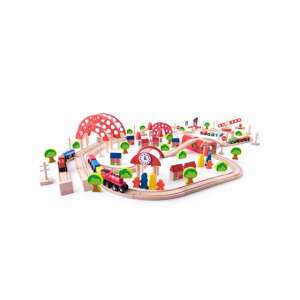 Set de tren din lemn Woodyland cu stație terminală, 130 de piese, inclusiv trenuri, șine, clădiri, copaci și accesorii - Tren, element feroviar, autostradă