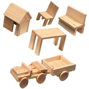 SES Barkács Készlet wooden toy house, chair, table, bench, and wagon - DIY Craft Kit