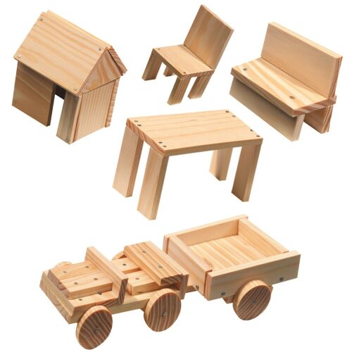 SES Barkács Készlet wooden toy house, chair, table, bench, and wagon