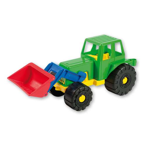 Green toy tractor with a red scoop, perfect for imaginative play