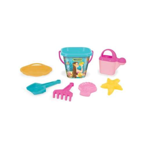Wader 7 részes homokozó szett sellővel, tartalmaz vödröt, locsolókannát, lapátot, gereblyét, szitát, formát és tálcát