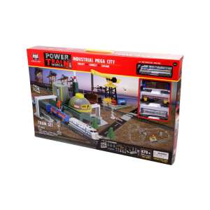 Zestaw pociągów Power Train World Industrial Mega City, 670+ cm torów, pociąg elektryczny, wagony towarowe, budynki, dźwig, akcesoria - Pociąg, element kolejowy, autostrada