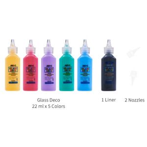 Amos Glass Deco Farbset mit 6 Farben, 22ml Flaschen, schwarzem Liner und Düsen - Glasmalfarben