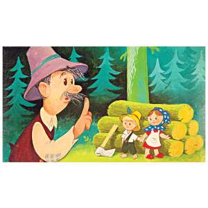 Ilustracja z pokazu slajdów Jancsi i Juliszka, przedstawiająca dzieci w lesie z siekierą - Film slajdowy