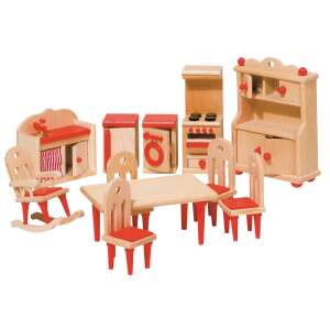 Holz-Puppenhaus-Küche Spielset mit Möbeln, Herd, Tisch, Stühlen und Schaukelstuhl - Goki