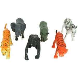 Set of 6 plastic jungle animals, including elephant, zebra, rhino, tiger, leopard, and monkey - Figure
