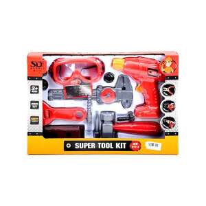 Vörös műanyag játékszett gyerekeknek, tartalmaz fúrót, kalapácsot, csavarkulcsot, fűrészt és védőszemüveget - Barkácsolás, Autópálya & Parkolóház és Figura