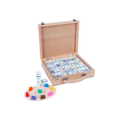 Fa dominó játék készlet színes vonat darabokkal és fa hordozó táskával