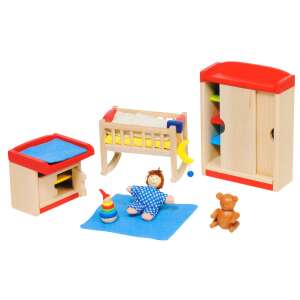 Goki Holz-Puppenhaus-Möbelset, Kinderzimmer mit Wiege, Wickeltisch, Kleiderschrank, Puppe, Teddybär, Teppich und Spielzeug - Goki