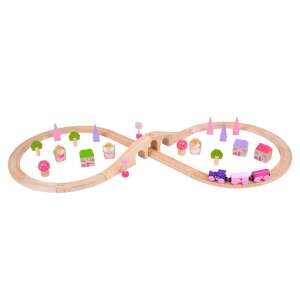 Set de șine de tren din lemn cu tematică de zână roz, include tren, pod, case, copaci și alte accesorii - Tren, element feroviar, autostradă