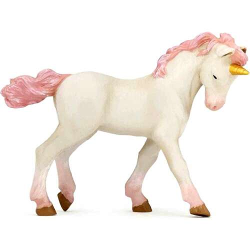 Papo Unicorn Figurine, white unicorn with pink mane and tail, standing on all four legs, side view