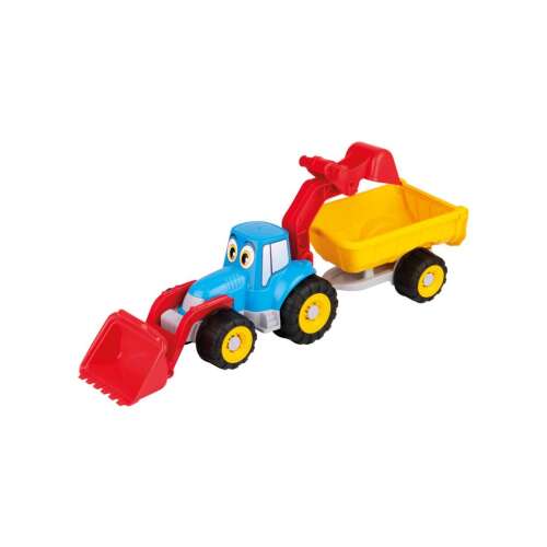 Blue plastic toy tractor with a yellow trailer and a red shovel, perfect for imaginative play in the sandbox or on the construction site