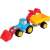 Blue plastic toy tractor with a yellow trailer and a red shovel, perfect for imaginative play in the sandbox or on the construction site