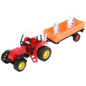 Red toy tractor with trailer, cow and zebra figures, farm tractor toy, kids toy, playset - Work machine for children