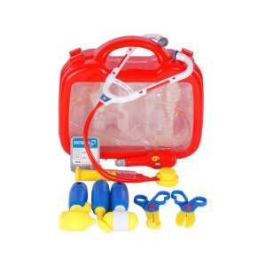 Red plastic doctor's kit with stethoscope, syringe, scissors, and other medical tools - Doctor Playset