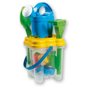 Set de găleată de nisip din plastic albastru cu lopată, greblă, udător, sită și forme - Jucari pe nisip