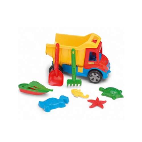 Set de joacă Wader Multi Dömper pentru nisip, cu diverse forme, lopată, greblă, găleată mică. Set de 8 piese. Formele și culorile pot diferi de cele prezentate în imagine.