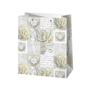 Sac de cadouri pentru nuntă alb cu design cu trandafiri și inimi - Ambalaje cadouri