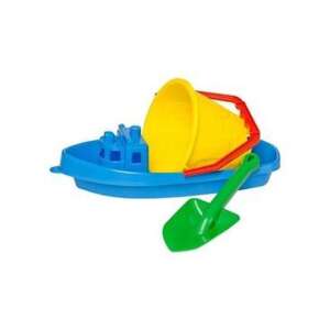 Blaues Plastikboot mit gelbem Eimer und grüner Schaufel, Sandkastenspielzeug-Set - Strandartikel