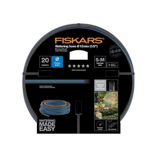Fiskars 1027107 20 meter garden hose packaging, blue and grey, 13mm (1/2 inch) diameter, S-M garden size, watering made easy