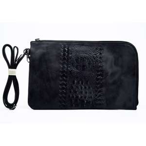 Black women's clutch bag with crocodile pattern, zipper closure, and adjustable strap - Dressing Accessory
