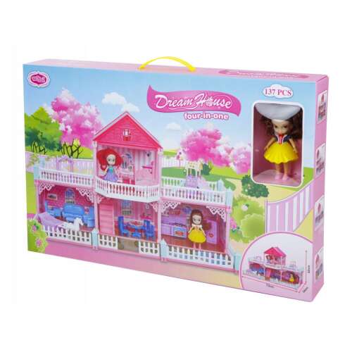 Dream House four-in-one babaház 137 darabos, rózsaszín és fehér, erkéllyel és kerítéssel, babával - Babaház