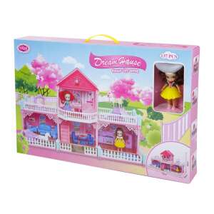 Dream House four-in-one dom dla lalek z 137 elementami, różowy i biały, z balkonem i ogrodzeniem, w zestawie lalka - Domek dla lalek