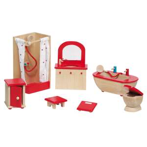 Goki Holz-Puppenhaus Badezimmer-Möbelset, 7 Teile, rot und naturfarbenes Holz, inklusive Dusche, Badewanne, Toilette, Waschbecken, Spiegel, Hocker und Aufbewahrungsschrank - Goki