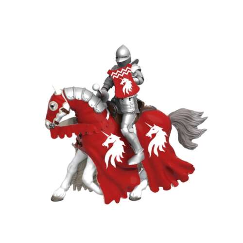 Papo knight on horseback with red armor and unicorn emblem