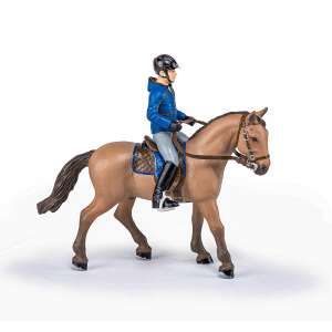 Papo Horseback Rider Figurine Set, brown horse with rider in blue jacket, realistic detail, for ages 3+ - Papo