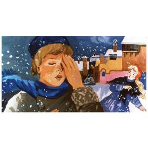 Diafilm Hókirálynő, ilustracja przedstawiająca chłopca w niebieskim szaliku i czapce, który wygląda na smutnego, z dziewczyną w tle - Film slajdowy