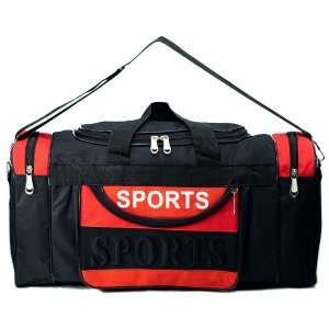 Black and red sports duffel bag with the word "SPORTS" printed on it - Travel Bag