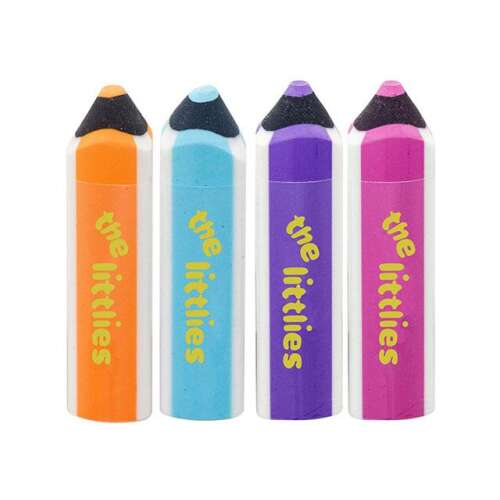 The Littlies Bleistiftförmiger Radiergummi in vier Farben: Orange, Blau, Lila und Rosa