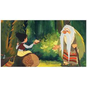 Ilustrație din basmul popular maghiar "Cei doi boi de piper", care îl arată pe Gergő dând pâine unui bătrân în pădure - Filme diapozitive