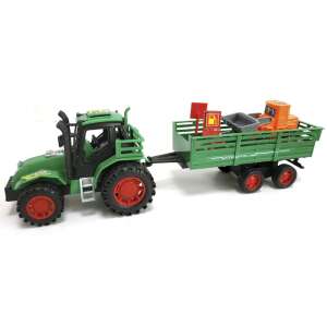 Green toy farm tractor with trailer and excavator, side view - Work machine for children