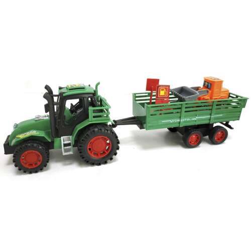 Green toy farm tractor with trailer and excavator, side view