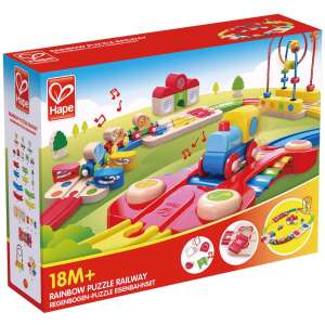 Hape Rainbow Puzzle Railway, wooden train set with musical elements, shape sorting, and bead maze - Hape