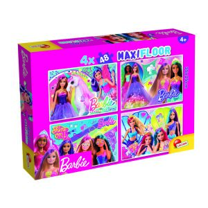 Puzzle do kolorowania Barbie Maxi 4x48 elementów w pudełku, z różnymi wzorami lalek Barbie do kolorowania i zabawy w puzzle. - Lisciani
