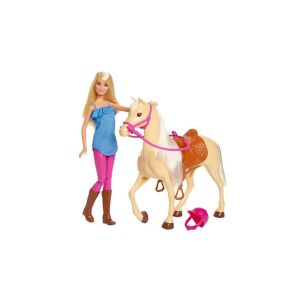 Barbie și cal - Păpușă Barbie blondă cu cal Palomino, șa și cască de călărie - Mattel Baba