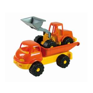 Pomarańczowa zabawka ciężarówka z żółtym łóżkiem i mniejszym pomarańczowym zabawkowym ciągnikiem z szarą łyżką z tyłu - Androni