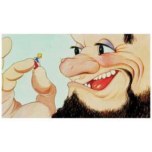 Diafilm Hüvelyk Matyi, ilustracja historii, ręka olbrzyma trzyma małego chłopca - Film slajdowy