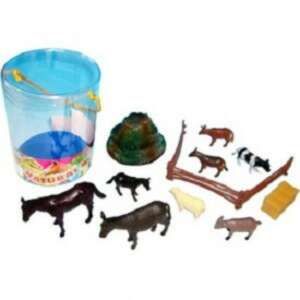 Farm animal figurines set, 10-15 cm, 7 pieces + 3 accessories, includes cows, horses, sheep, goats, fence, hay bale, and a hill - Figure