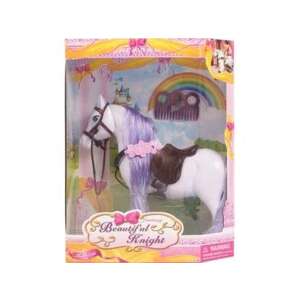 White plastic horse toy with purple mane and tail, saddle, bridle, and comb, in a box, Fantasy Beautiful Knight brand - Figure