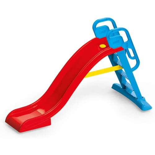 Red and blue plastic slide for kids, with ladder and handrails