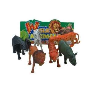 Set of 6 plastic wild animal toys, including lion, tiger, zebra, rhino, elephant, and cheetah - Figure