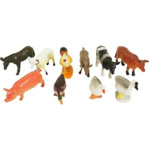 Set of 10 plastic farm animals, including cow, pig, duck, goose, horse, donkey, sheep, rooster, goat, and bull - Figure