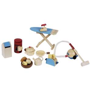 Fa wooden toy household appliance set for kids, including ironing board, vacuum cleaner, toaster, and cookware - Goki