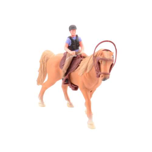 Lovas játékszett, barna ló barna nyereggel és lovas kék pólóban és sisakban